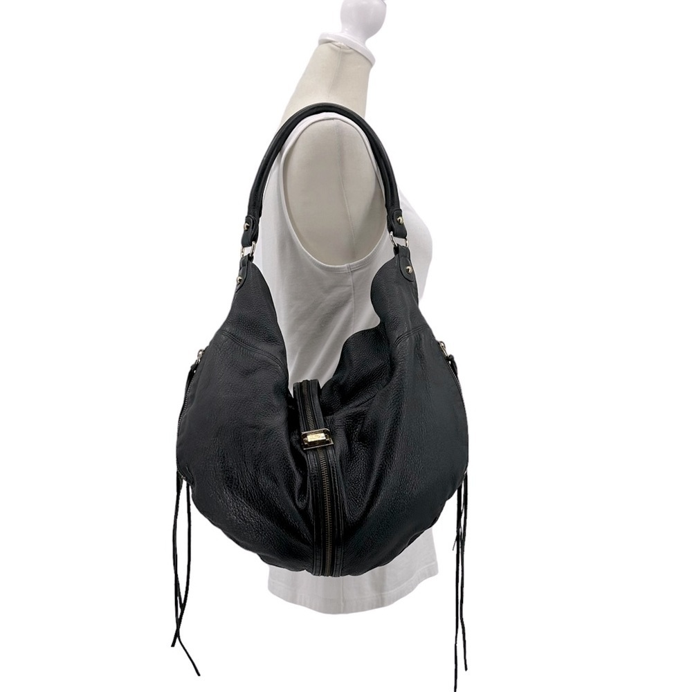 Rebecca Minkoff Large Black Leather Hobo Bag With Fringe Detail